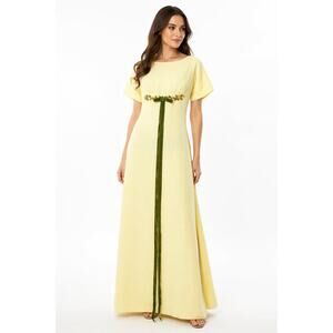 Vintage 60s Women's XS Yellow Empire Waist Maxi Dress Floral Velvet Ribbon